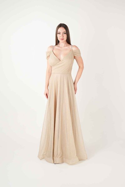 BEYBOS Glitter Fabric Boat Neck Evening Dress - Gold