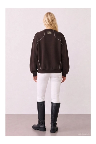Quzu Women's Sweatshirt with Zip Detail SWT02924 Brown