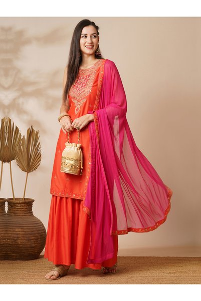 Globus By Styli Orange Embellished Sleeveless Kurta Sharara Set with Contrast...