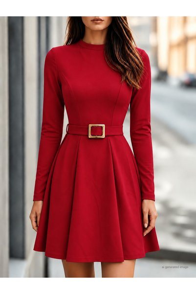 bysocafashion Women's long sleeve mock neck short modal dress with buckle det...
