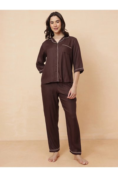 Clovia By Styli Brown Solid Knitted Pyjama Set With 3/4 Sleeves