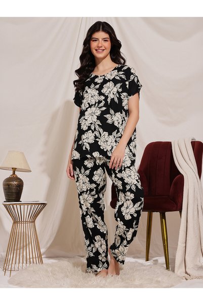 Clovia By Styli Black Floral Print Rayon Pyjama Set