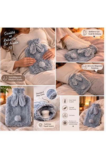 Peluş Kılıflı Tavşan Kulaklı Sıcak Su Torbası – Yumuşak Termofor, Ayak ve Karın Isıtıcı