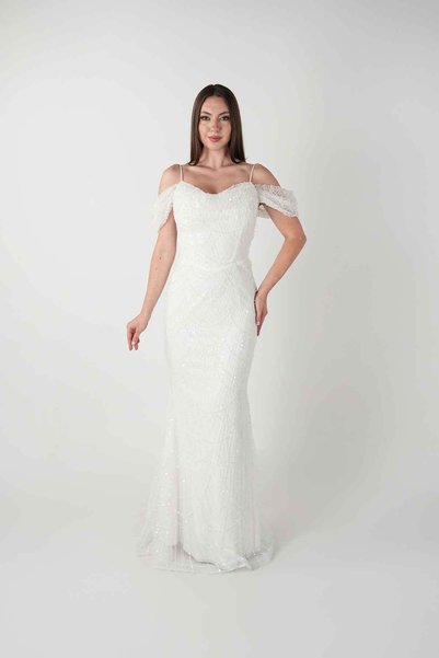BEYBOS Full Beaded Fabric Boat Neck Fish Evening Dress - White
