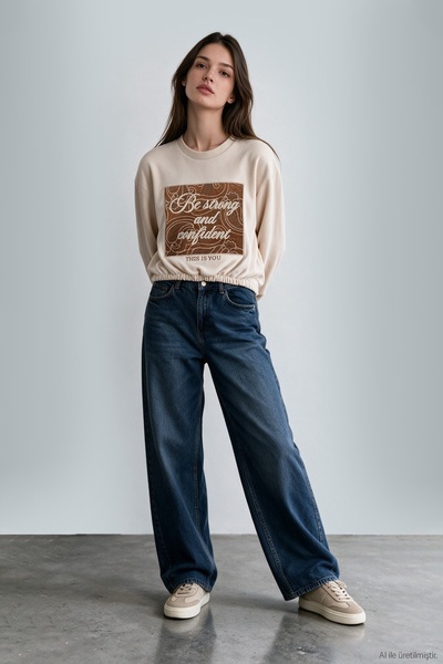 Quzu Women's Sweatshirt with Embroidered Details SWT02926 Beige
