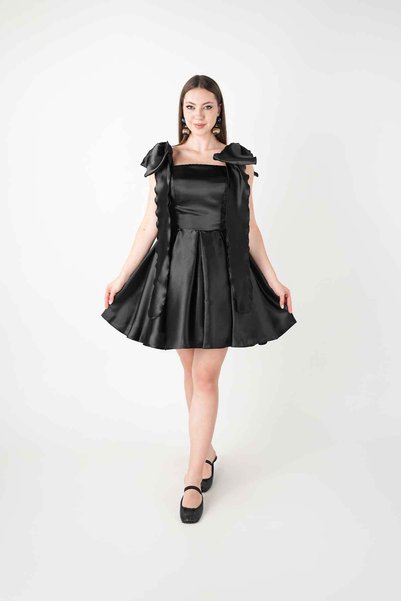 BEYBOS Organza Satin Fabric Princess Mini Dress - Black