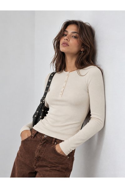 Styli Beige Ribbed Henley Long Sleeve T-Shirt