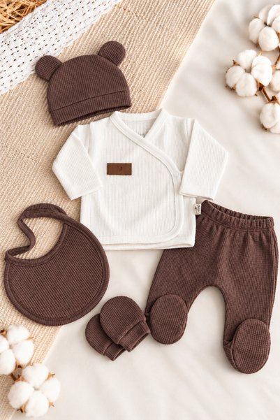 VERONA TARZ Yenidoğan Bebek Unisex 5'li Hastane Çıkış Seti Waffle Kumaş Kız Erkek Unisex Hediyelik Pamuklu 50-56cm