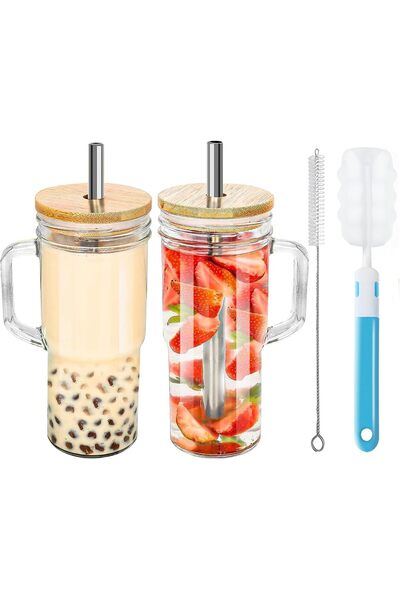 Generic أكواب زجاجية بأغطية وقش من الخيزران، طقم مكون من قطعتين، تصميم على شك...
