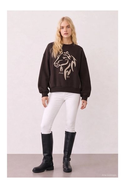 Quzu Women's Sweatshirt with Zip Detail SWT02924 Brown