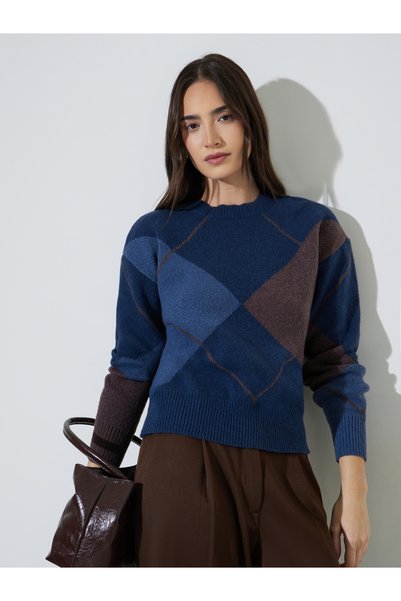 Styli Multi-Color Argyle Long Sleeves Round Neck Knit Sweater