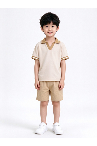 Take Two By Styli Boys Beige Color Block Polo Neck T-Shirt