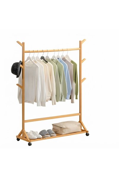 TodayShop Suport de haine din bambus cu roți universale, bară pentru umerașe ...