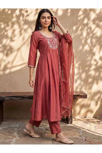 Globus By Styli Brown Embroidered Anarkali Kurta Set with Dupatta