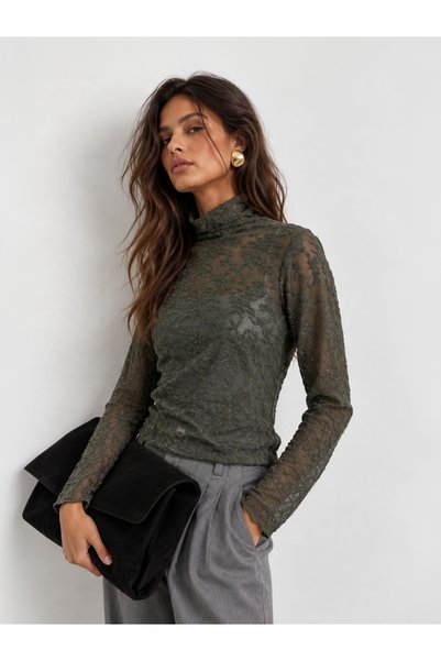 Styli Olive Lace High Neck Fitted T-Shirt