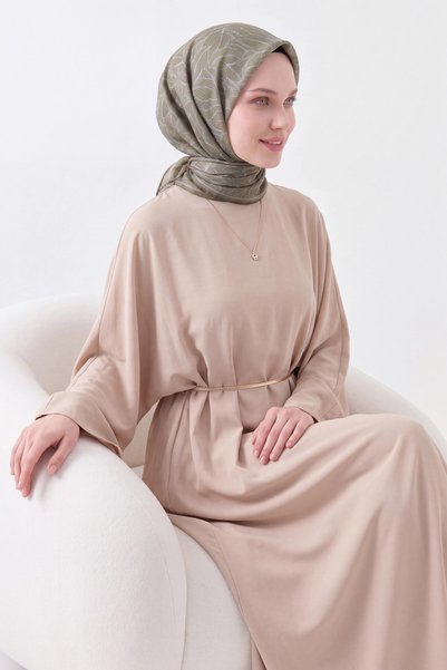 Silk Home Soft Scarf, Leaf Pattern, Khaki
