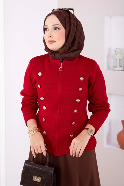 EBRUTESETTÜR كارديجان قصير من الصوف، بتصميم مزين بأزرار وسحاب، باللون الأحمر.