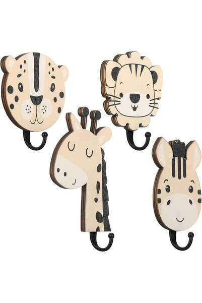 Generic 4 Pcs Jungle Animal Wall Hooks - Decorative Wooden Animal Hooks for K...