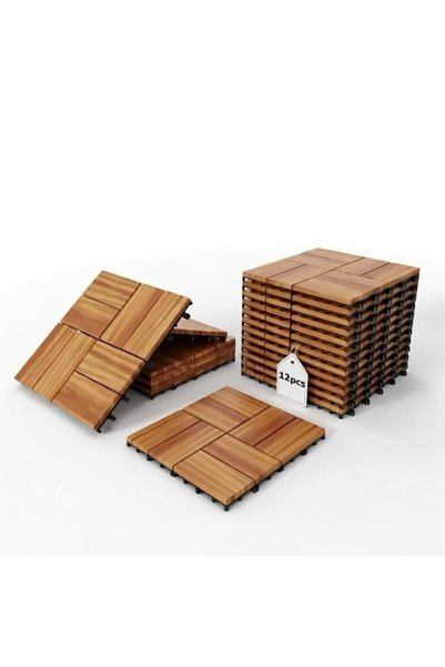 Generic 12-Pack Wood Deck Tiles, 12"x12" Interlocking Flooring for Patio, Bal...