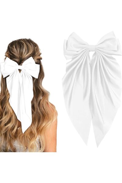 Generic Satin Bow Spring Clip, 10 x 5.5 x 3 cm White Hair, Fabric Handmade Bo...