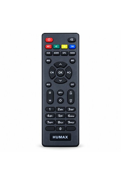 BURAQ جهاز تحكم عن بعد لجهاز استقبال HUMAX مع لوحة مفاتيح رقمية وأزرار تشغيل.