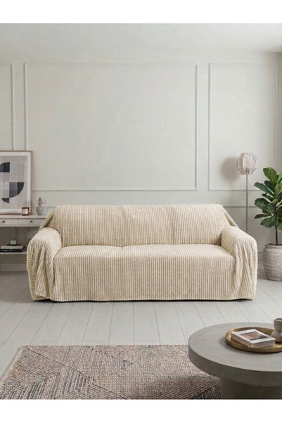 Mulberry Corded Fabric Sofa Cover with Tassels - 240x260 cm, One-Piece Sofa C...
