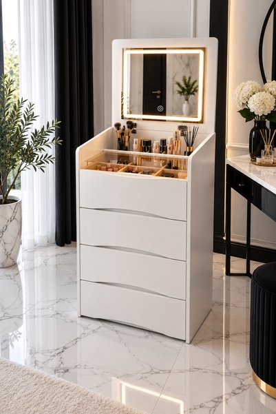 Dessa Masă de machiaj cu oglindă LED și 4 sertare – Eleganță, organizare și c...