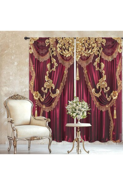 Generic Red Burgundy Vintage Printed Window Curtains, Flat Panel for Bedroom