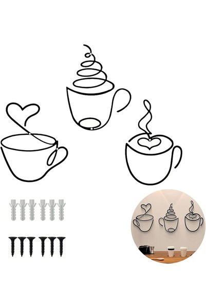 Generic 3 قطع فن جداري معدني بتصميم أكواب قهوة، ديكور معلق لبار القهوة بتصميم...