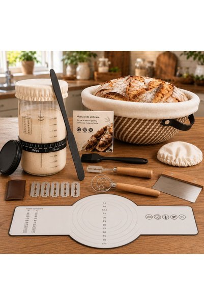 OEM Set de coacere pâine cu maia din 19 piese, coș de dospire de 25 cm, borca...