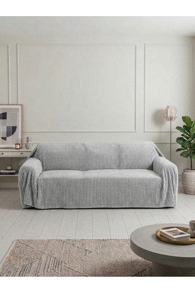 Mulberry Corded Fabric Sofa Cover with Tassels - 240x260 cm, One-Piece Sofa C...