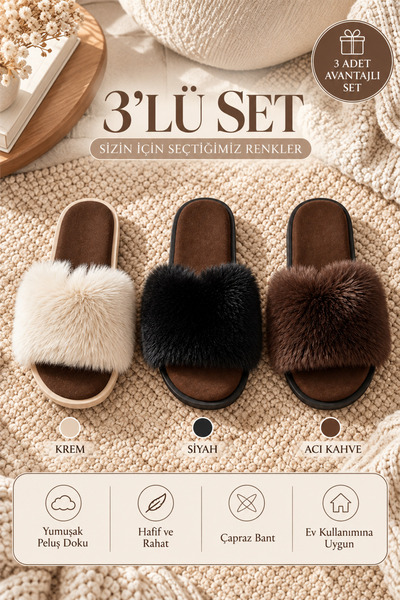 Beyond 3'lü Krem - Siyah - Acı Kahve Önü Açık Kabarık Tüylü Peluş 1 Cm Taban ...
