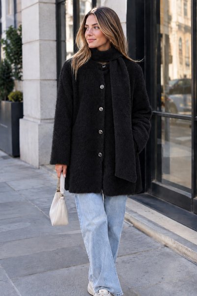 EMMAS CLOTHİNG Textured Knit Coat with Detailed Collar and Buttons
