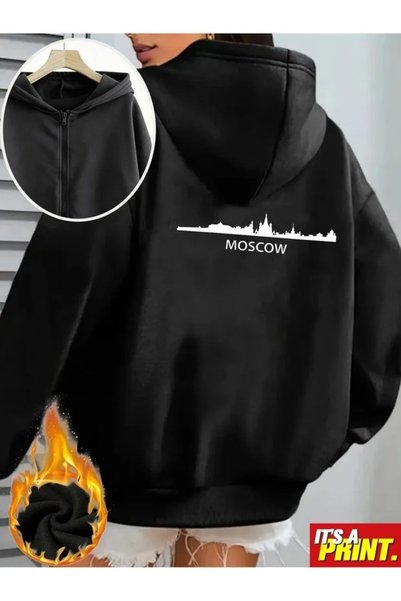 LOTS MODA Cardigan - Black Printed Winter Oversized Hooded Zippered Pocketed ...