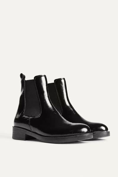VelasBySerhat Women's Black Patent Leather Ankle Boots with Elastic, Short Heel, and Non-Slip Sole, Winter Boots, Tr01Mk06A.