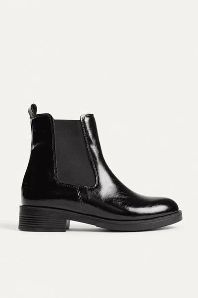 VelasBySerhat Women's Black Patent Leather Ankle Boots with Elastic, Short Heel, and Non-Slip Sole, Winter Boots, Tr01Mk06A.