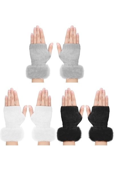 Generic Faux Fur Fingerless Gloves, 3 Pairs Winter Knit Gloves Warm Fluffy Th...