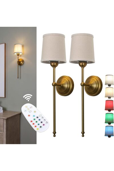 Generic Set of 2 Battery Operated Wall Light Linen Fabric Shade Sconce Wirele...
