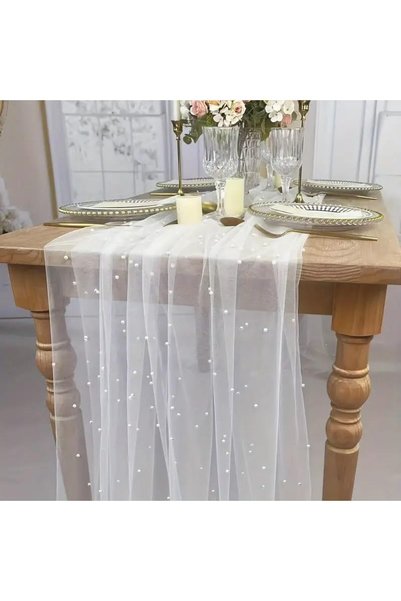 Generic Elegant White Pearl Tulle Table Runner Delicate Lace Tablecloth for W...