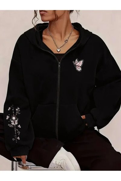 LOTS MODA Cardigan - Black Printed Winter Oversized Hooded Zippered Pocketed ...