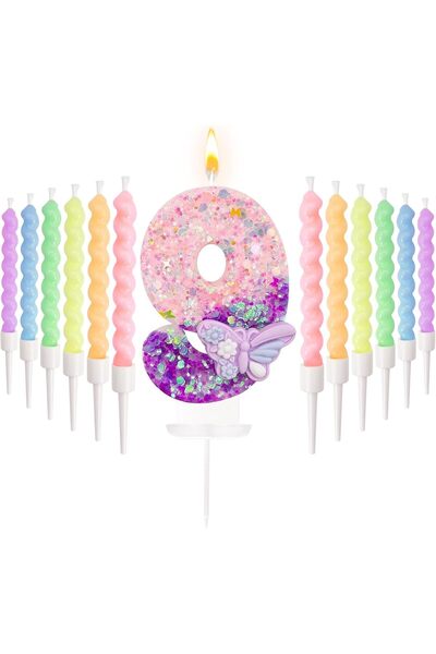 Generic Number 9 Birthday Candles with Purple Butterfly 12Pcs Macaron Spiral ...