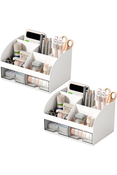 Generic 2Pack Desk Organizer with 6 Compartments and 2 Drawers, Plastic Makeu...
