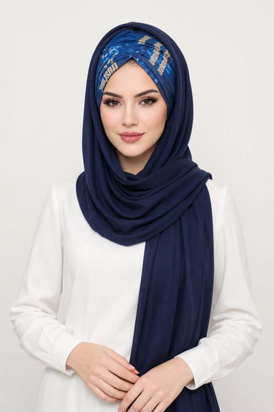 Moda Çizgi شال جاهز بنمط نص الخردل باللون الأزرق الداكن