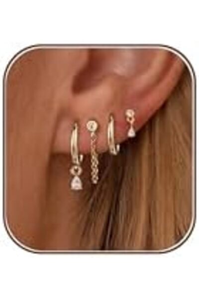 Generic 4 Pcs Gold Earrings for Women, 14K Gold Plated Chain Earringsfor Mult...