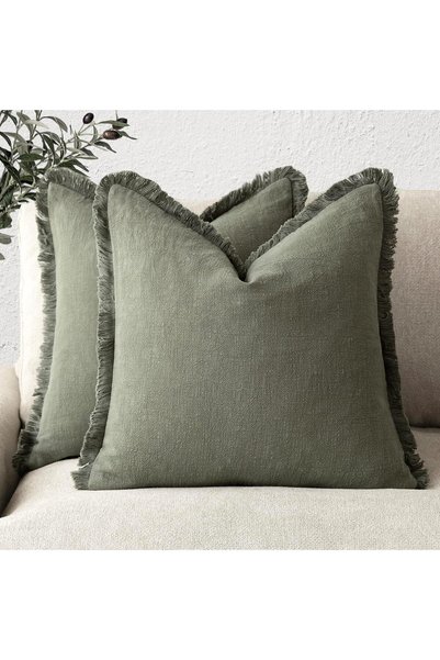 Generic مجموعة من 2 غطاء وسادة من الكتان باللون الأخضر الزيتوني، مقاس 18×18 ب...