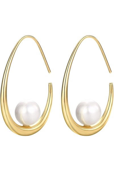Generic Elegant Pearl Teardrop Earrings, 14K Gold Plated Lightweight Hoop Jew...