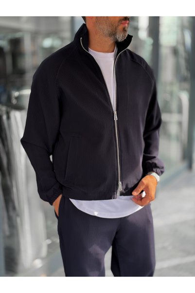 BYBASICMAN Jachetă albastră materiată cu striații și șnur MRK-2858