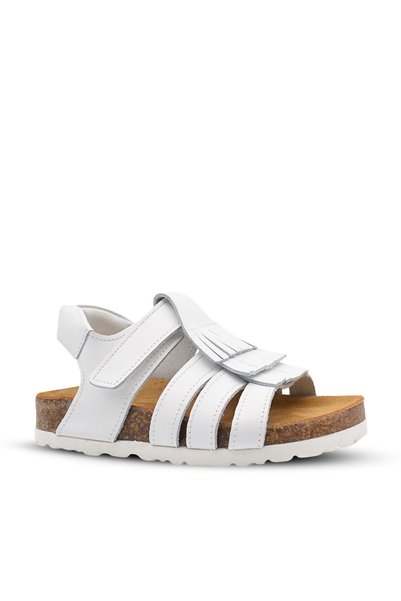 kids A more Loren Single Velcro Tasseled Leather Girl's Sandals White