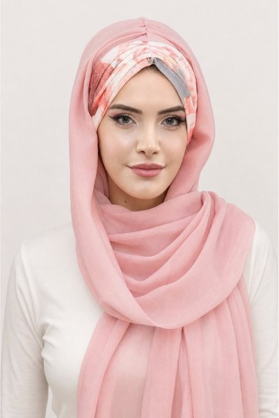 Moda Çizgi شال جاهز بنمط زهرة السلمون البودرة