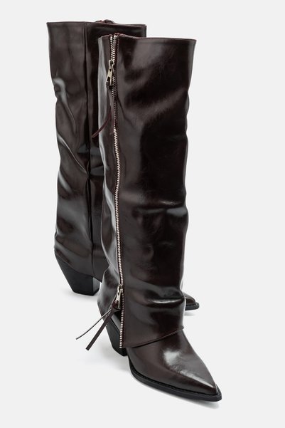 LuviShoes LONZA Burgundy Leather Women's Chunky-Heeled Boots with Zip Detail